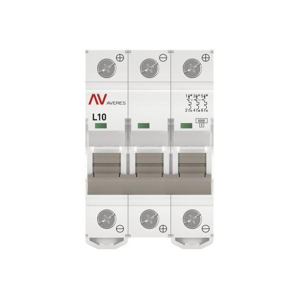 Выключатель автоматический модульный 3п L 10А 6кА AV-6 DC AVERES EKF mcb6-DC-3-10L-av