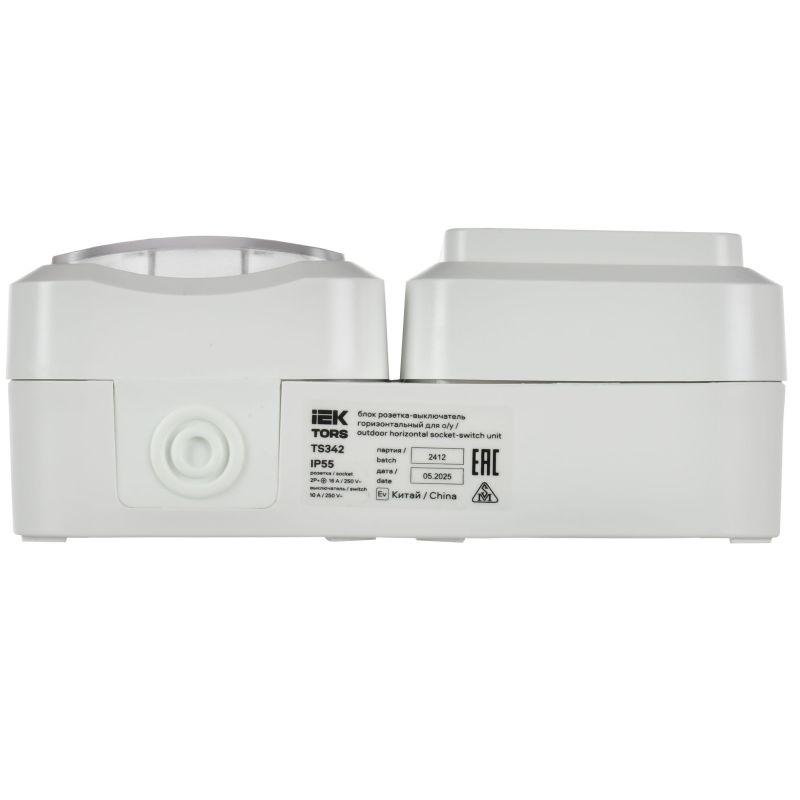 Блок ОП TORS TS342 (розетка + выключатель) 16А IP55 горизонт. бел. IEK TS-G10-6-55-V-K01
