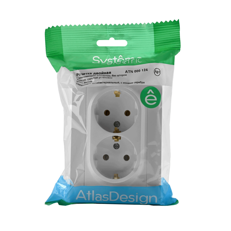 Розетка 2-м СП AtlasDesign 16А IP20 с заземл. в сборе бел. SE ATN000124