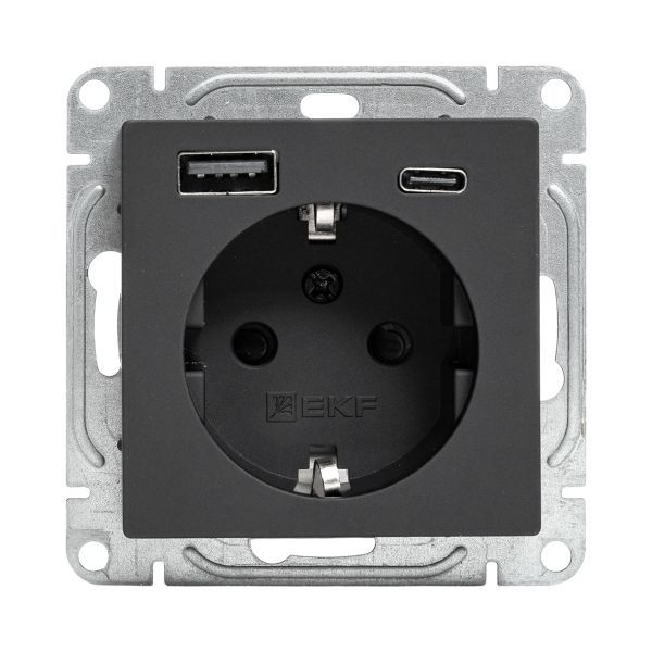 Розетка СП Эпика 16А с 2 USB-A+С с заземл. защ. шторки механизм черн. EKF UP1-SOB-111-USBA+USBC