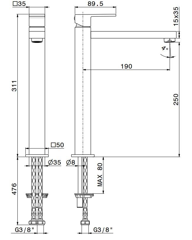 Однорычажный смеситель для раковины FUTURA, высокий, без донного клапана 3/8,  хром