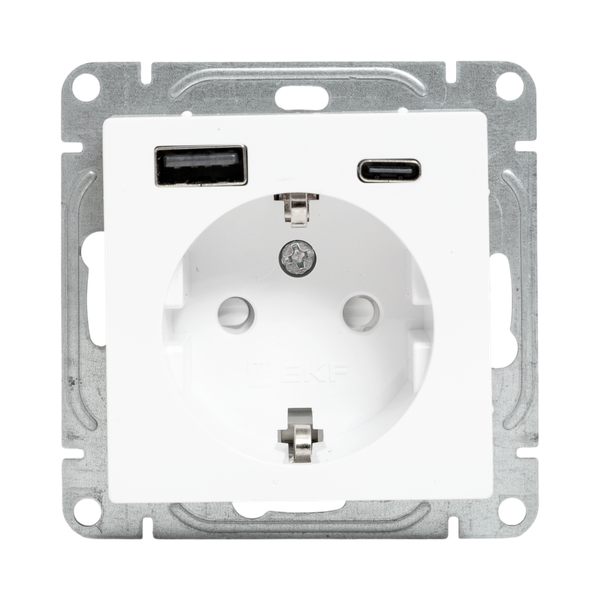 Розетка СП Эпика 16А с 2 USB-A+С с заземл. защ. шторки механизм бел. EKF UP1-SOW-111-USBA+USBC