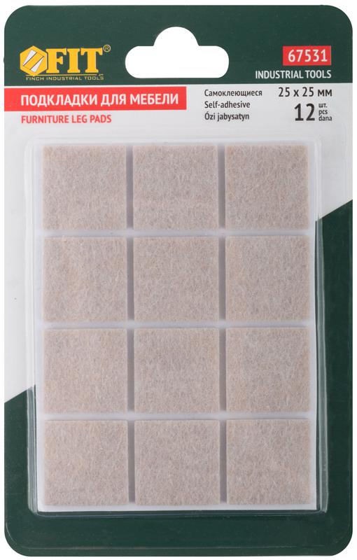 Подкладка для мебели самоклеющиеся квадратные 25х25мм войлок (уп.12шт) FIT 67531