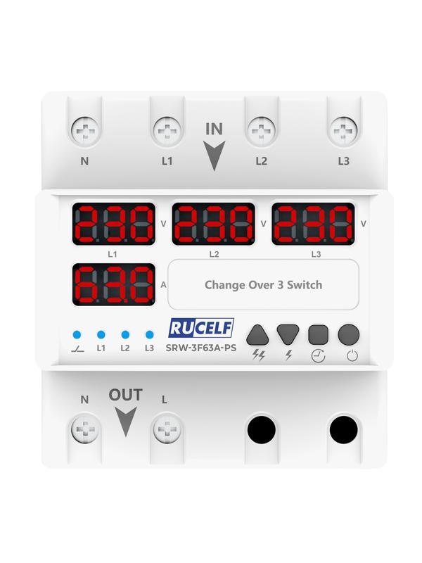Реле напряжения с выбором фаз 3в1 с автоматическим переключателем RUCELF SRW-3F63A-PS