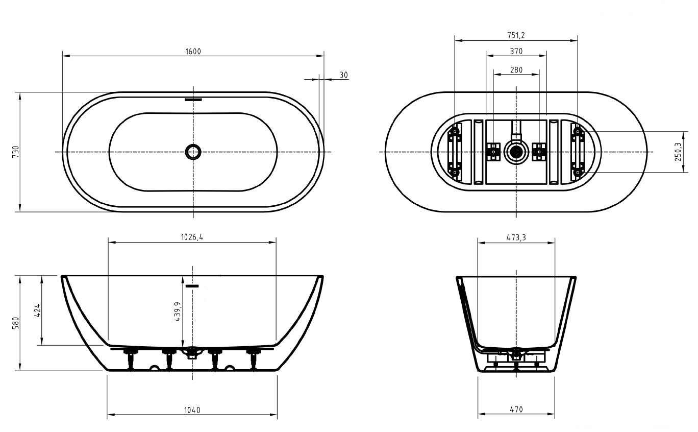 Акриловая ванна BELBAGNO UNO BB701-1600-730-K