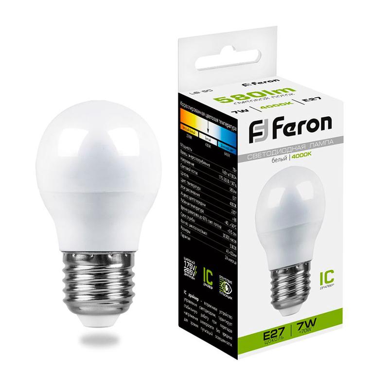 Лампа светодиодная 7Вт 230В E27 4000К G45 LB-95 FERON 25482