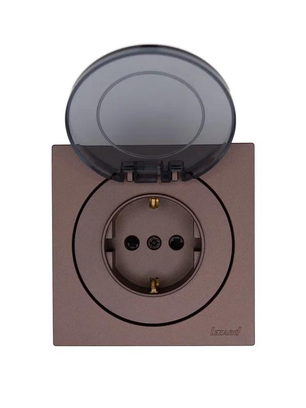 Розетка 1-м СП OSEN IP44 с заземл. с крышкой ПБТ механизм шоколад LEZARD 743-7388-123BIPCH