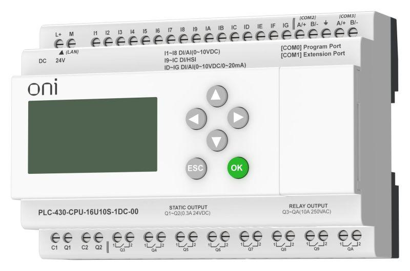 Модуль ЦПУ ПЛК 430 4 DI 12 UI (0-10В/DI) 8 RO 2 TO 24В DC с Ethernet портом с экраном ONI PLC-430-CPU-16U10S-1DC-00