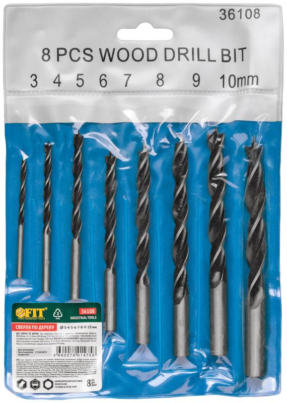 Набор сверл по дереву ПВХ конверт 8шт (3-4-5-6-7-8-9-10мм) FIT 36108