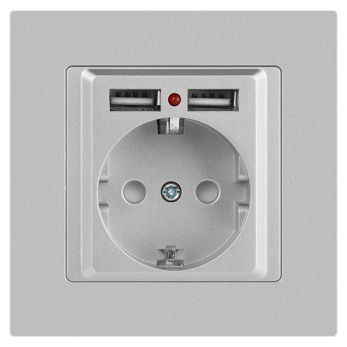 Розетка 1-м СП Accent 6-410-03 16А IP20 250В P+E Schuko + 2хUSB защ. шторки алюм. Intro Б0063694