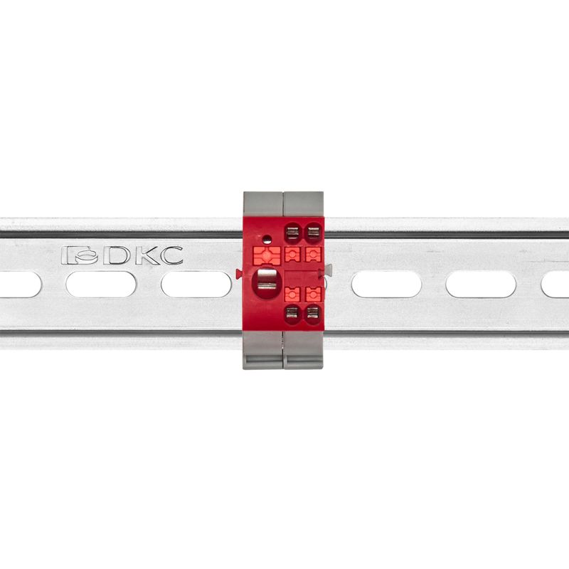 Блок распределительный с горизонт. адаптером на рейку шир. 35мм зажим push-in 1 ввод 6кв.мм 4 точки подключения 2.5кв.мм красн. DKC DTP1-104-104SPUR-H