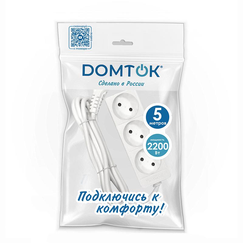 Удлинитель 3х5м без заземл. 10А IP20 2.2кВт ПВС 2х0.75 бел. DOMTOK 2372