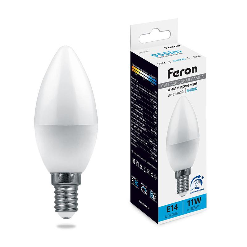 Лампа светодиодная диммируемая 11Вт 230В E14 6400К С37 LB-771 FERON 51057