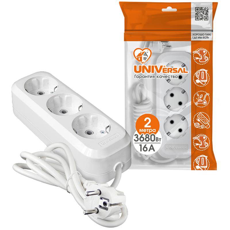 Удлинитель 3х2м с заземл. 16А IP20 Е-303 ПВС 3х1 АБС-пластик UNIVersal 9631976