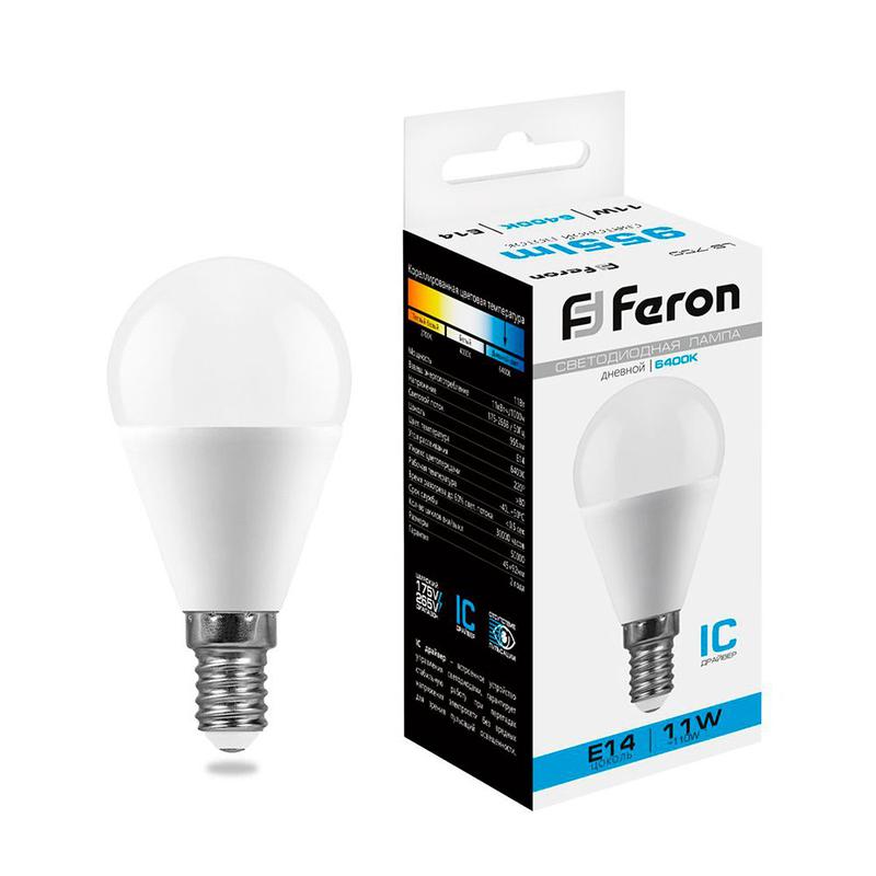 Лампа светодиодная 11Вт 230В E14 6400К G45 LB-750 FERON 25948