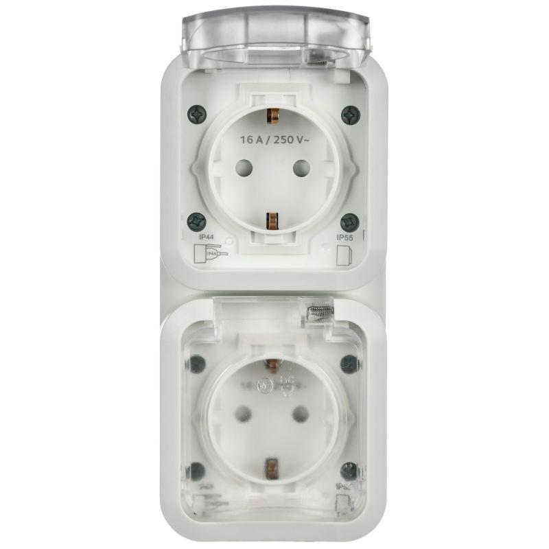 Розетка 2-м ОП TORS TS332 16А IP55 вертикал. с заземл. с крышкой бел. IEK TS-R26-16-55-V-K01