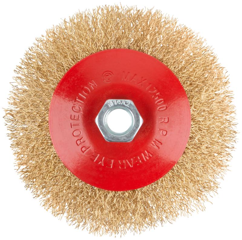 Корщетка-колесо с наклоном гайка М14 стальная волнистая латунированная проволока 125мм КУРС 39023