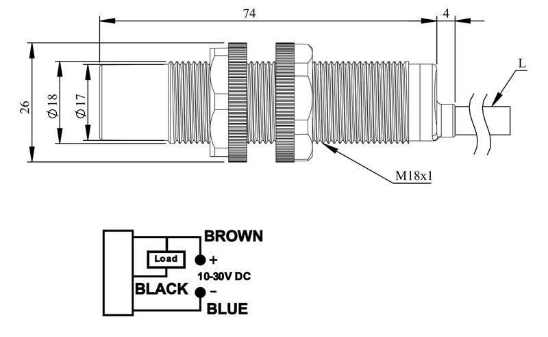 Датчик емкостный (NPN-НО) кабель 2мх3 (расс. сраб. 2-10мм) выступающий пластик 10-30В DC IP65 EMAS SCM18NP1NC2
