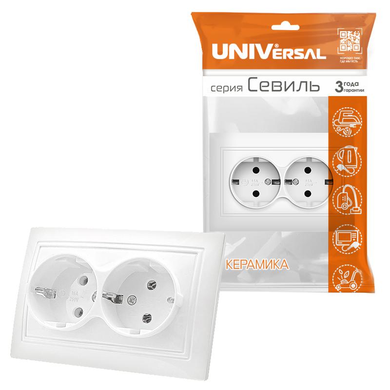 Розетка 2-м СП Севиль 16А IP20 с заземл. бел. UNIVersal С0128