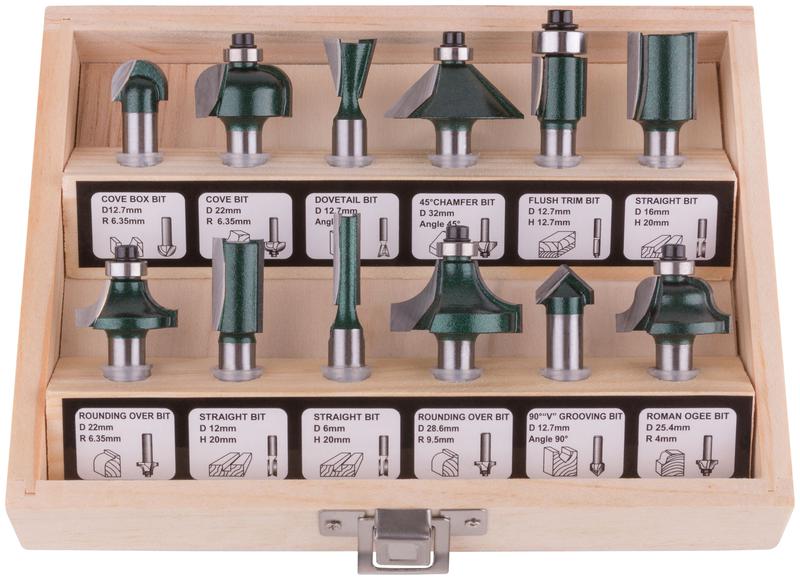 Набор фрез по дереву кромочные набор 12шт деревян. бокс хвостовик 8мм FIT 36578