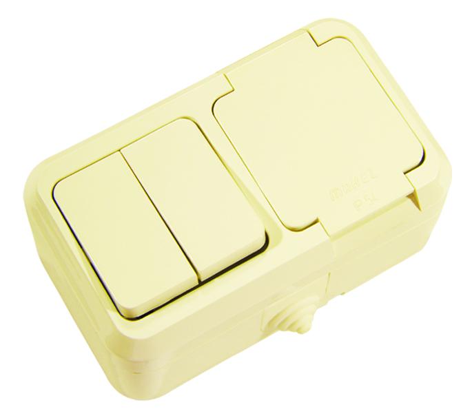 Блок выключатель 2-кл. + розетка с крышкой IP44 крем. Makel 18251