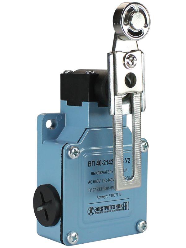 Выключатель путевой ВП 40-2143М-66 У2 1НО+1НЗ IP66 рычаг со стальным роликом регулир. по длине мгновенный без сальника Электротехник ET007716