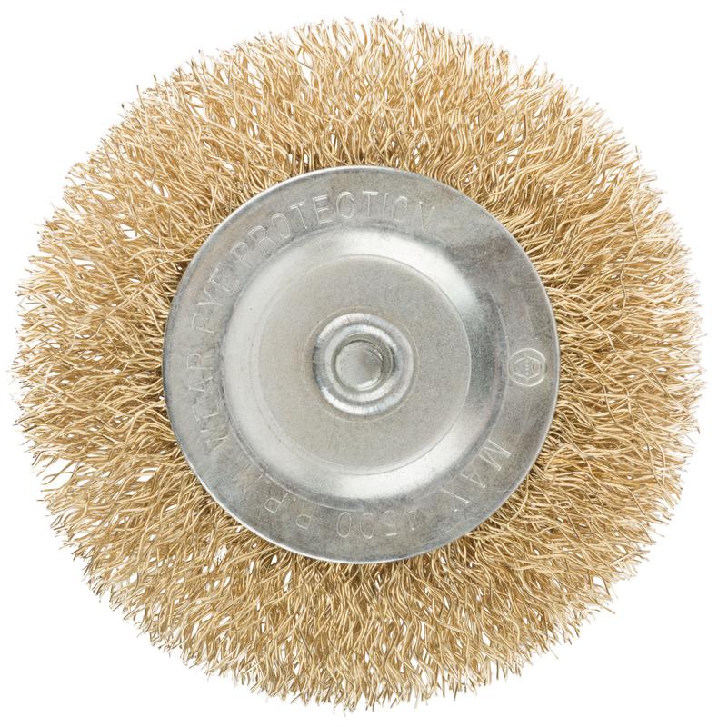 Корщетка тип "колесо" со штифтом стальная латунированная волнистая проволока 75мм MOS 38484М