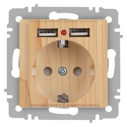 Розетка 1-м СП Accent 6-410-11 16А IP20 250В P+E Schuko + 2хUSB защ. шторки сосна Intro Б0063720
