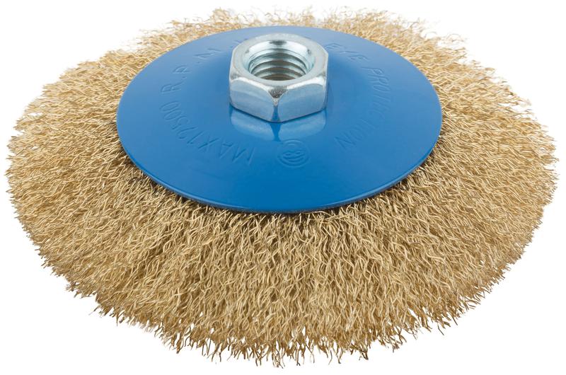 Корщетка тип "колесо" с наклоном гайка М14 стальная волнистая латунированная проволока 125мм MOS 38928М