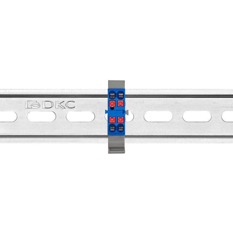 Блок распределительный с горизонт. адаптером на рейку шир. 35мм зажим push-in 4 точки подключения 2.5кв.мм син. DKC DTP1-004-04SPUB-H