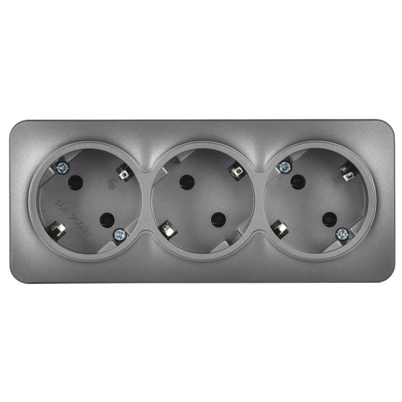 Розетка 3-м ОП GLORY РС23-3-ХСм 16А с заземл. без защ. шторок сталь матов. IEK ERH31-K46M-16