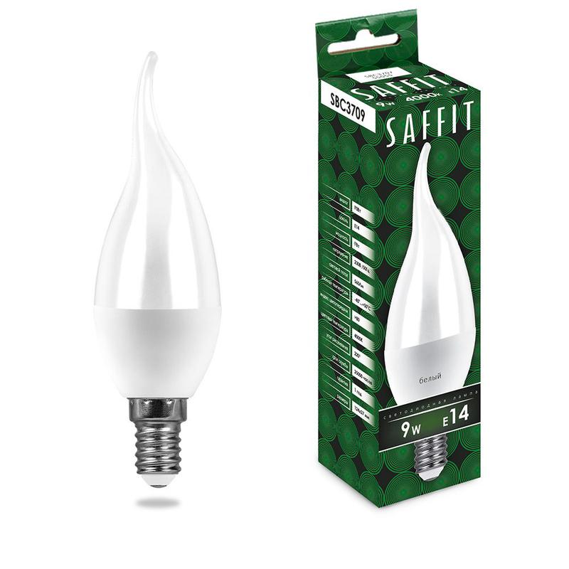 Лампа светодиодная 9Вт 230В E14 4000К на ветру C37T SBC3709 SAFFIT 55130