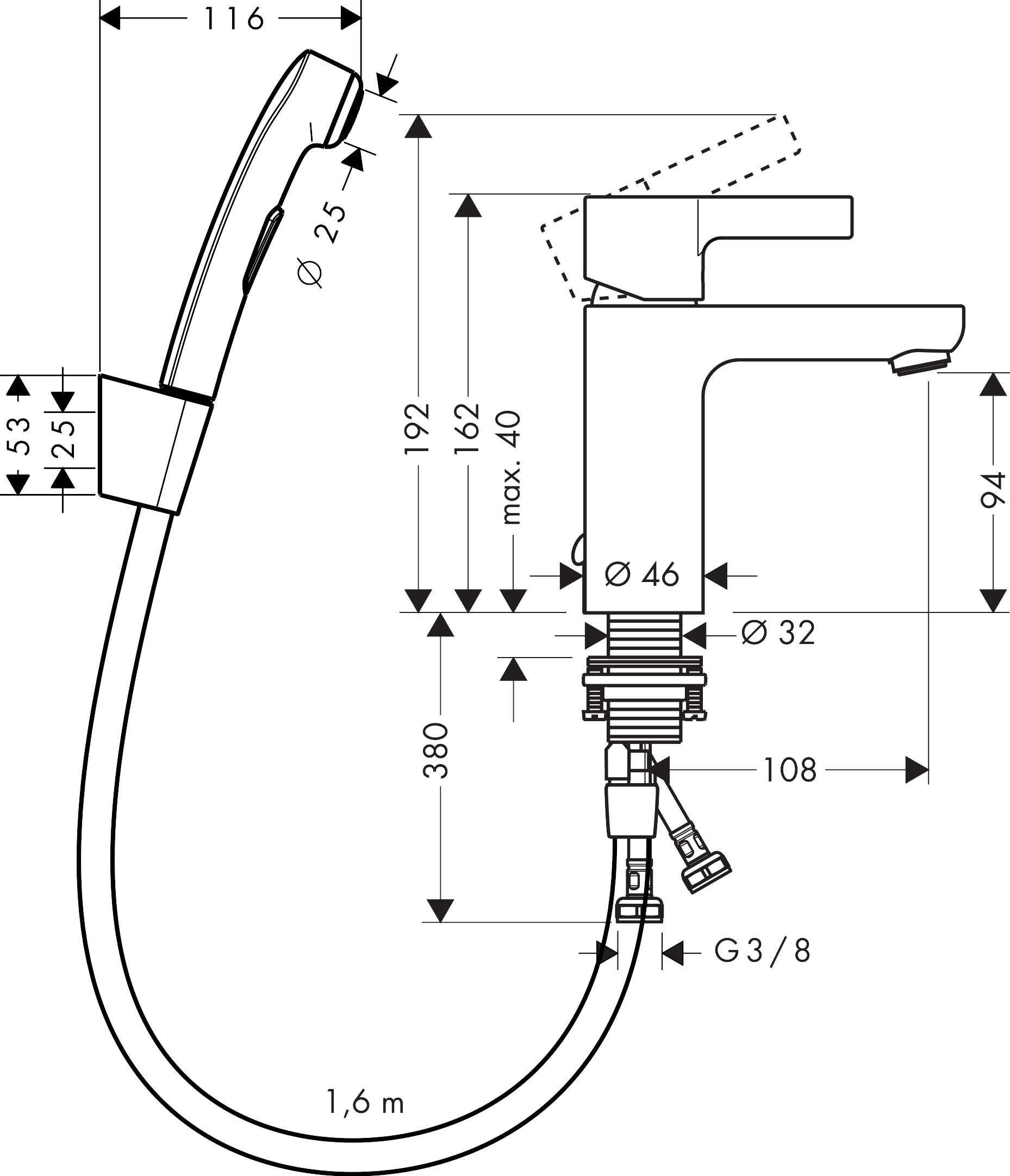 Смеситель Hansgrohe Metris S 31160000 для раковины с гигиеническим душем