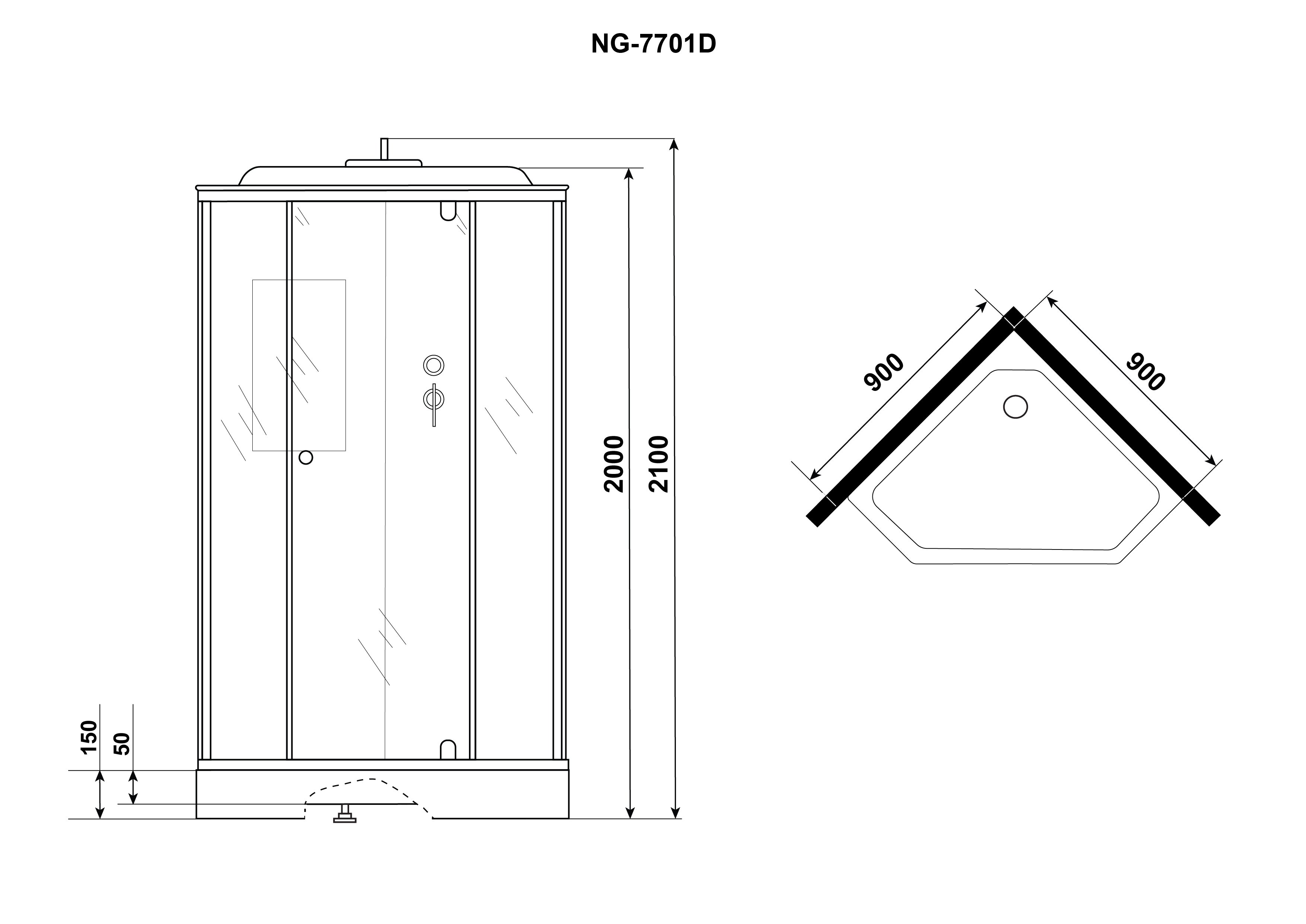 Душевая кабина NG-7701DM (900x910х2120)  низкий поддон (15см) стенки МРАМОР