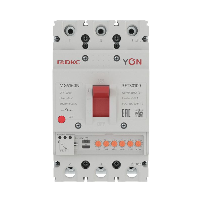 Выключатель автоматический в литом корпусе MGS160N 3P 40-100А 36кА с электронным расцепителем ETS YON MGS160N-3ETS0100