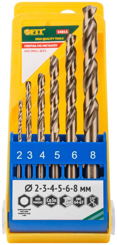 Набор сверл HSS по металлу с добавкой кобальта 5% 6шт (2-3-4-5-6-8мм) FIT 34013
