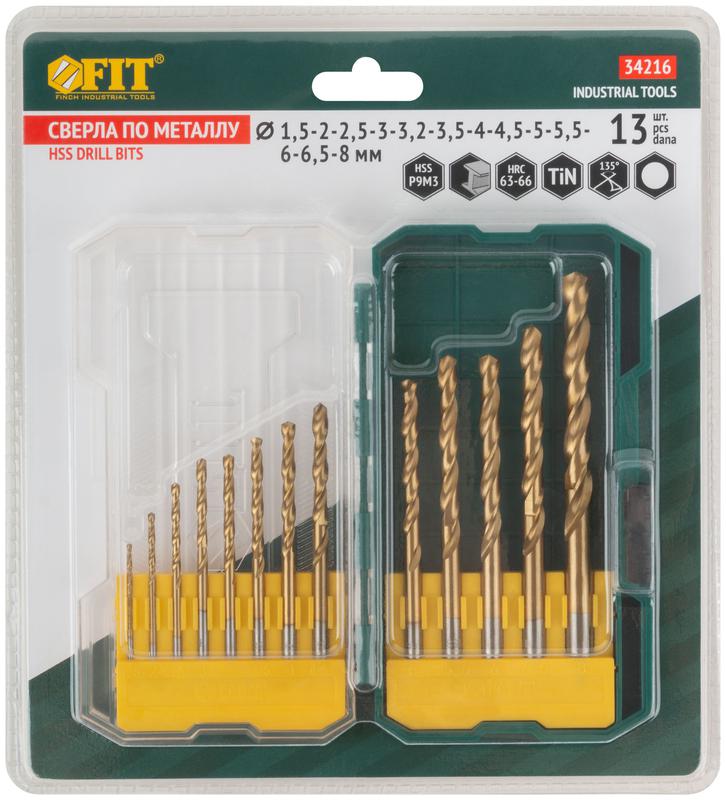 Набор сверл HSS пометаллу титановое покрытие 13шт (1.5-2-2.5-3-3.2-3.5-4-4.5-5-5.5-6-6.5-8мм) FIT 34216