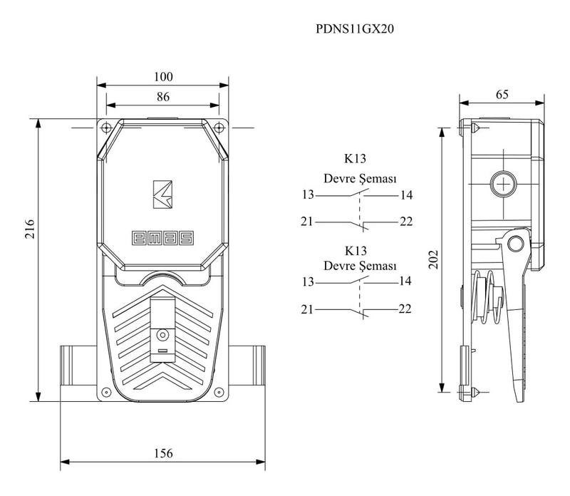 Педаль одиночная 2x(1НО+1НЗ) 2 скорости (250В AC 4А) IP65 EMAS PDNS11GX20