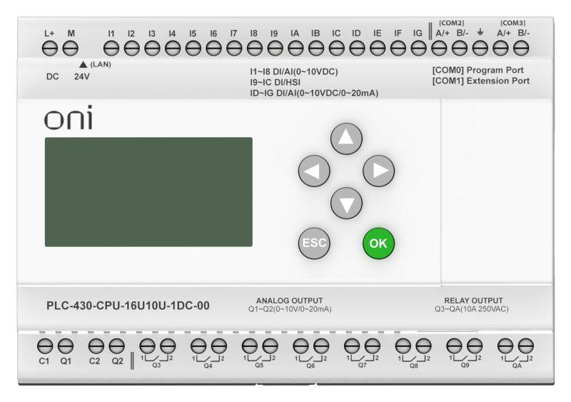 Модуль ЦПУ ПЛК 430 4 DI 12 UI (0-10В/DI) 8 RO 2 AO (1шт 0-10В и 1шт 0-20мА) 24В DC с Ethernet портом с экраном ONI PLC-430-CPU-16U10U-1DC-00