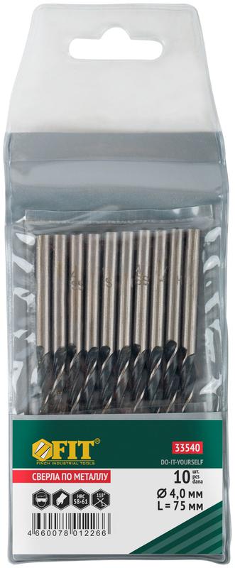 Сверло по металлу HSS черненые 4.0х75мм (уп.10шт) FIT 33540