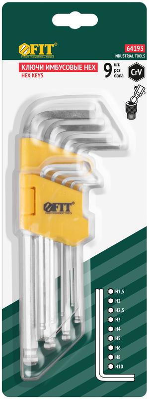 Ключ шестигранный 1.5-10мм длинный с шаровым наконечником в пластик. держателе CrV сталь (уп.9шт) FIT 64193