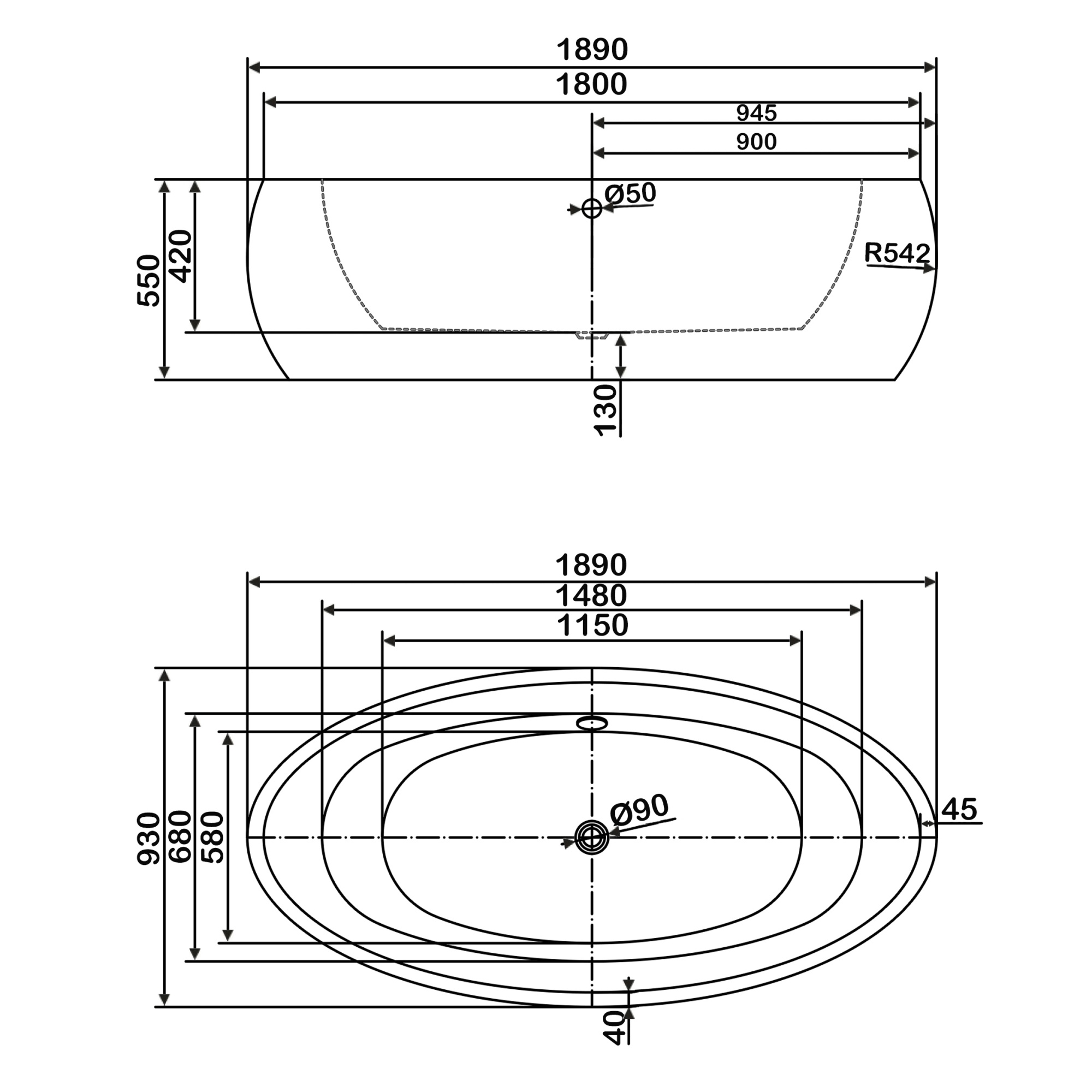 Ванна акриловая отдельностоящая 1890 мм Swedbe Vita 8810