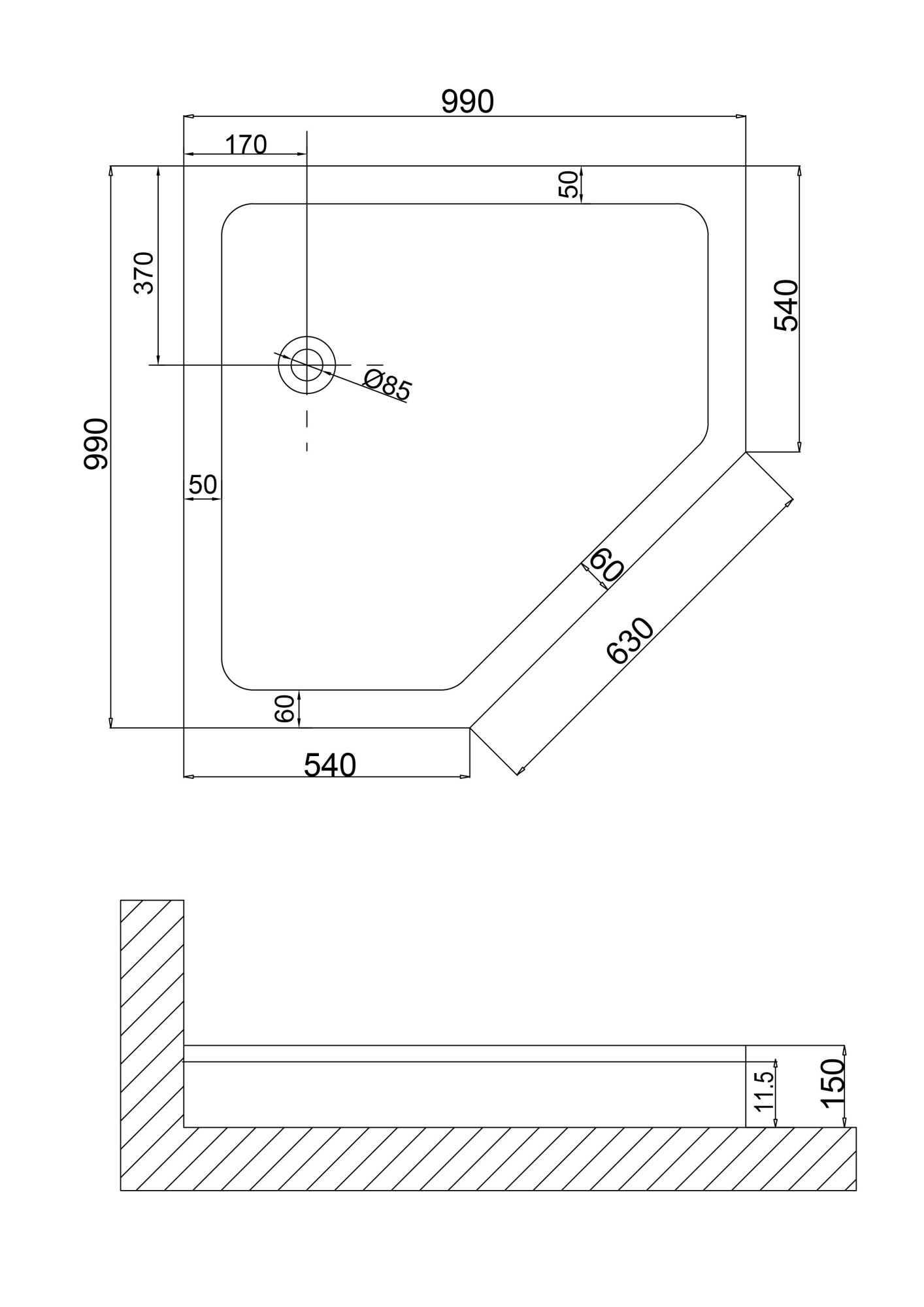 Душевой поддон NG-100-100D RUS (100*100*17) трапеция, низкий, для 6634, 6834