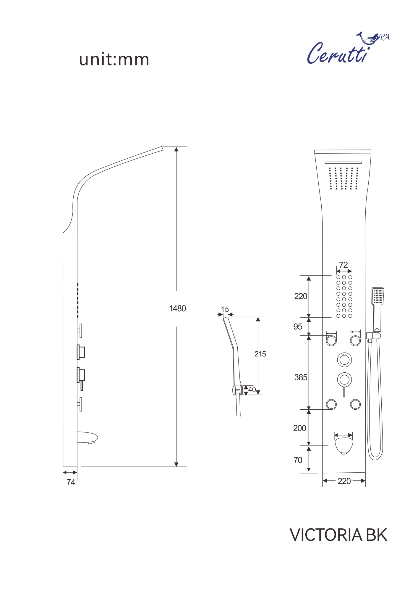 Панель VICTORIA BK  душевая из нержавеющей стали с форсунками Ceruttispa CT9981, цвет черный