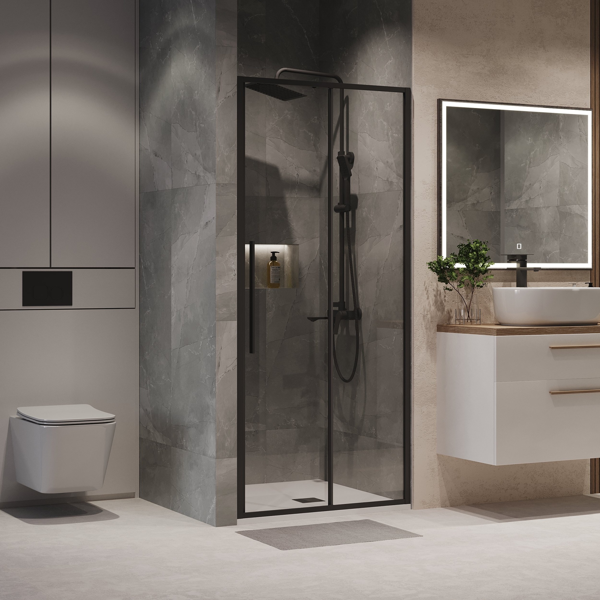 Дверь в нишу NG-84-11AB (110*195) черный матовый, стекло прозрачное