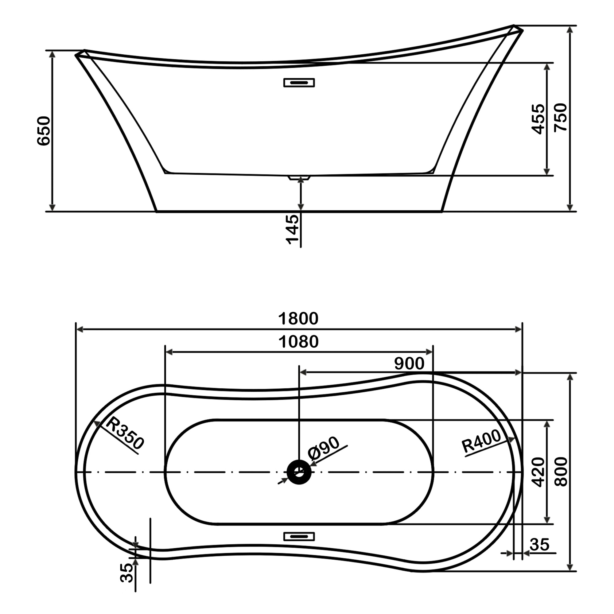 Ванна акриловая отдельностоящая 1800 мм Swedbe Vita 8834