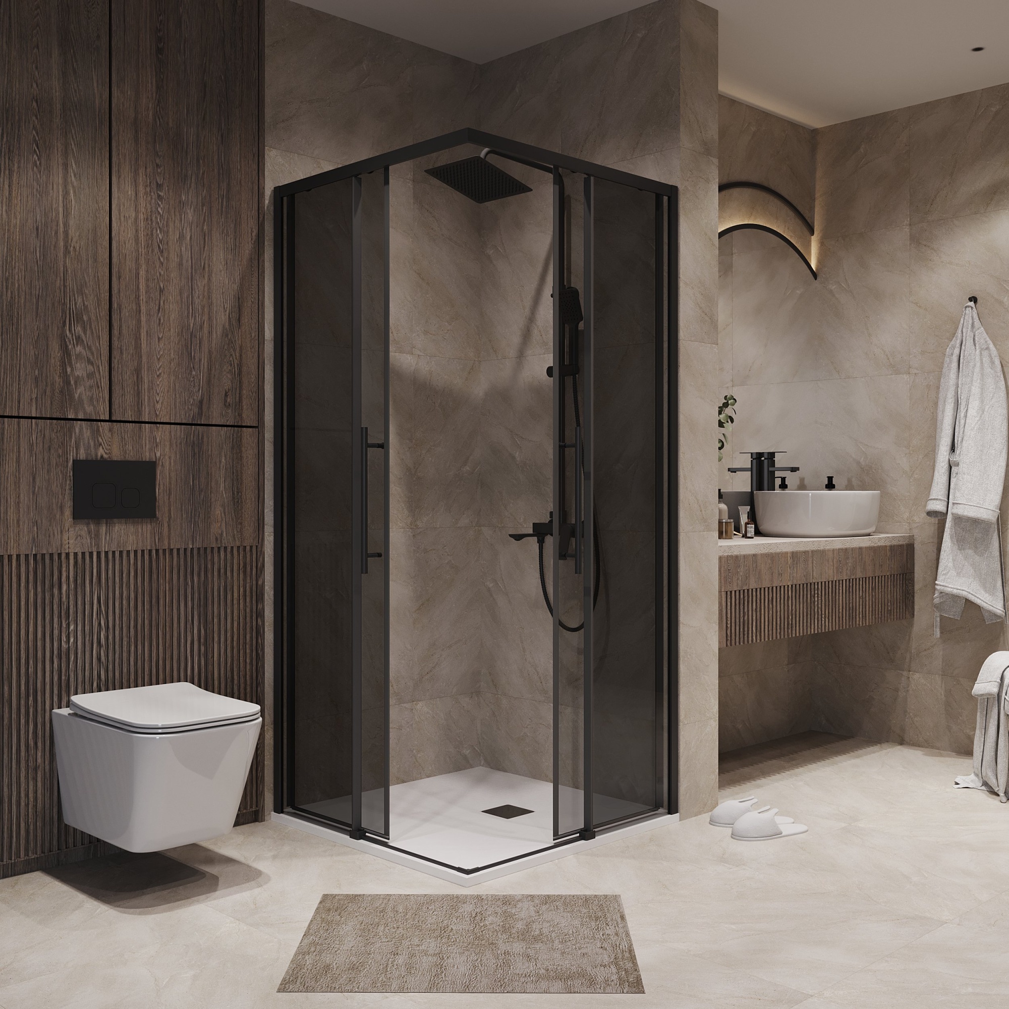 Душевое ограждение NG-2829-34BLACK (90*90*195) квадрат, раздвижная, черный матовый, стекло тонирован