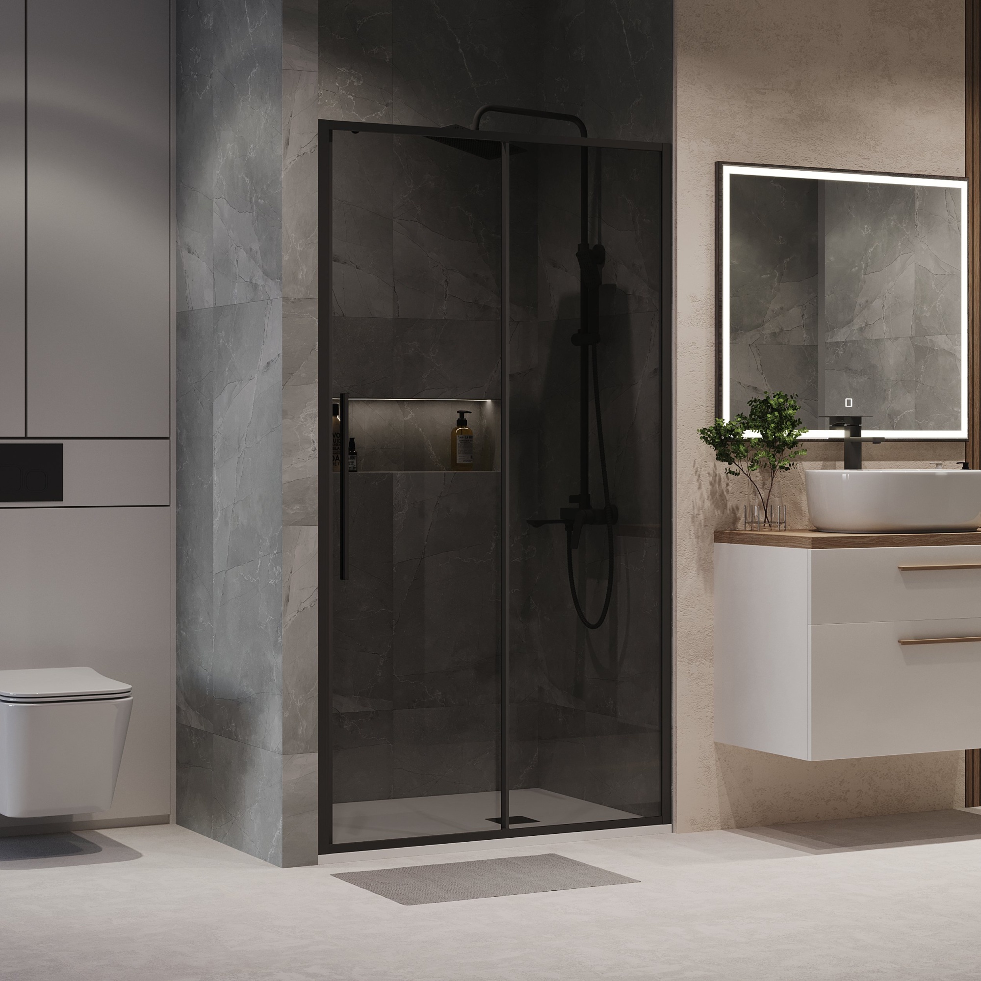 Дверь в нишу NG-85-13TB (130*195) черный матовый, стекло тонированное