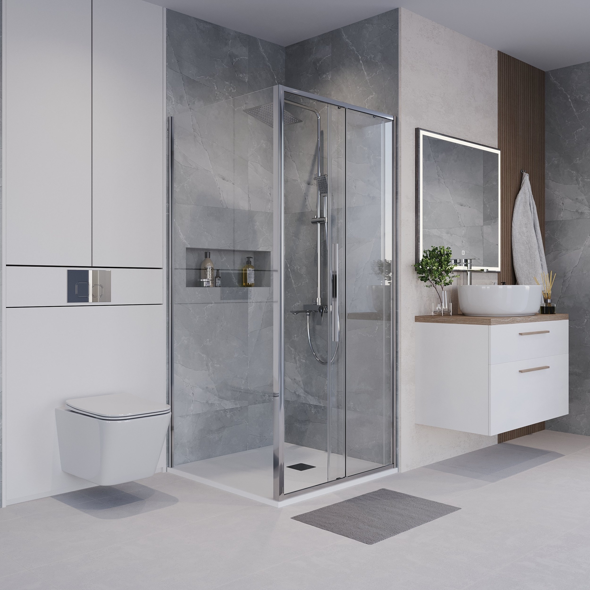 Душевое ограждение NG-64-9A-A100-34 (90*100*195) прямоугольник,раздвижная,хром,стекло прозрачное