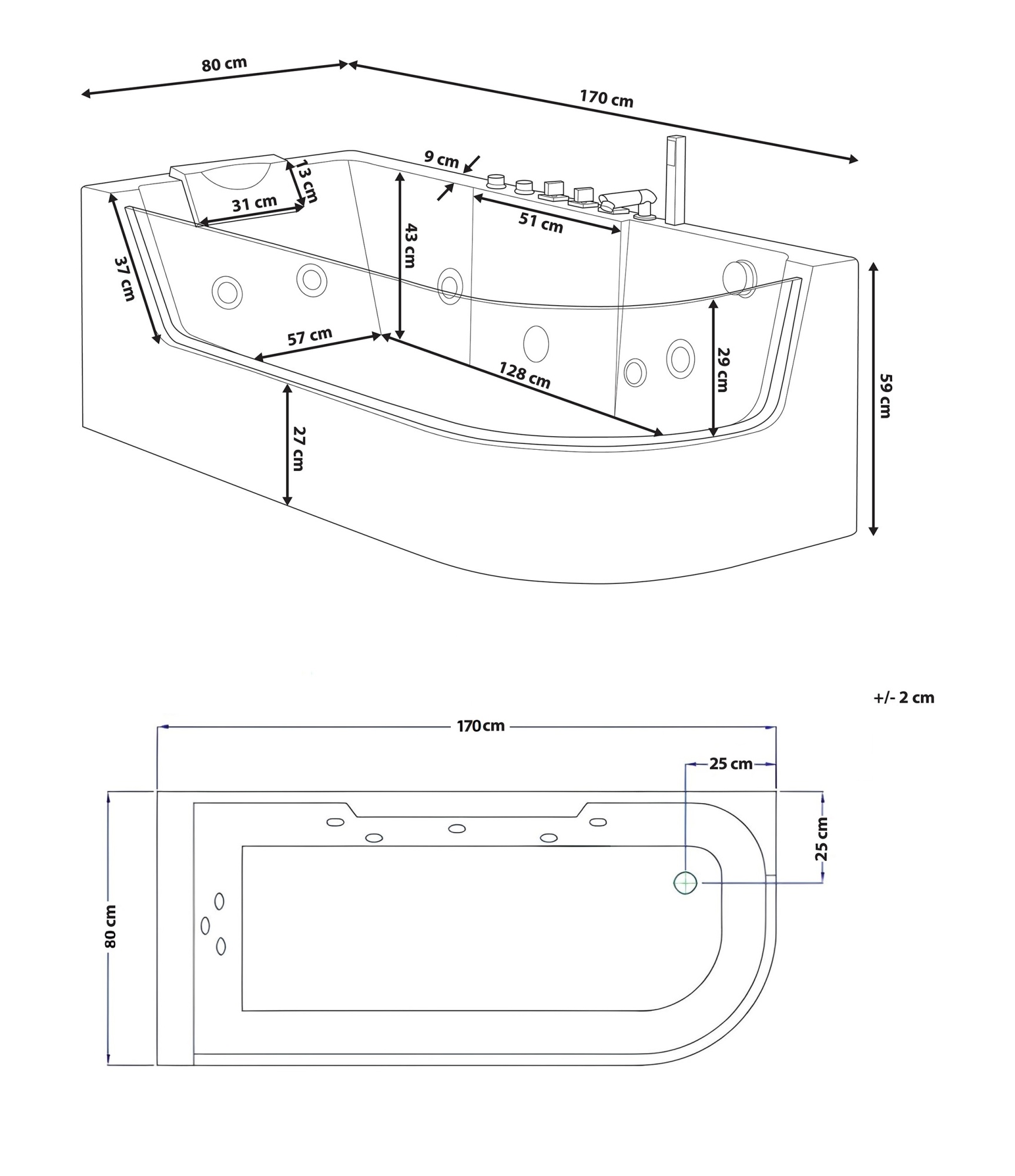Ванна C-403A R акриловая гидромассажная Ceruttispa (1700x800x580)